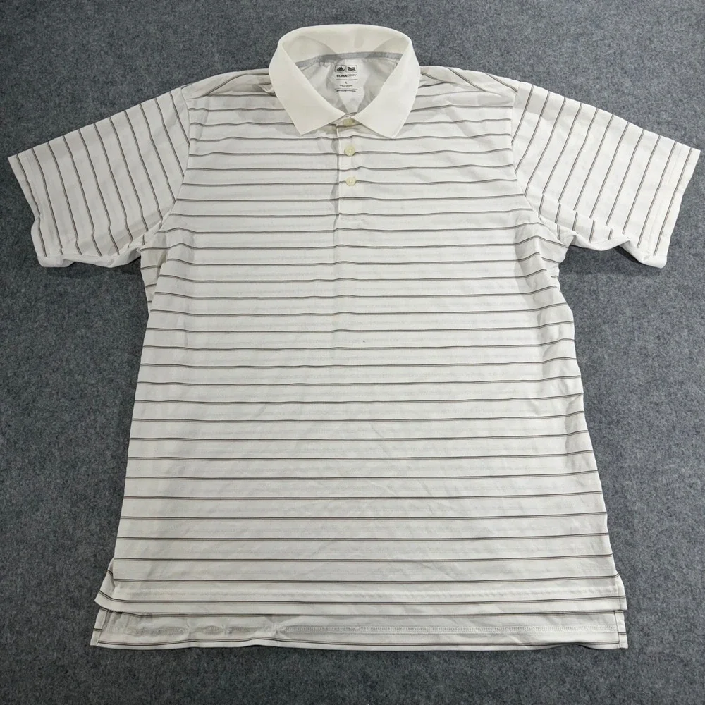 Adidas Golf ClimaCool Mens Large White Brown Striped Short Sleeve Polo Shirt
